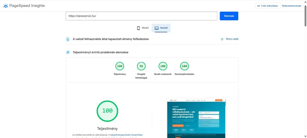 PageSpeed Insights eredmény asztali nézetben - seoszerviz.hu: 100 Teljesítmény, 96 Kisegítő lehetőségek, 100 Bevált módszerek, 100 Keresőoptimalizálás